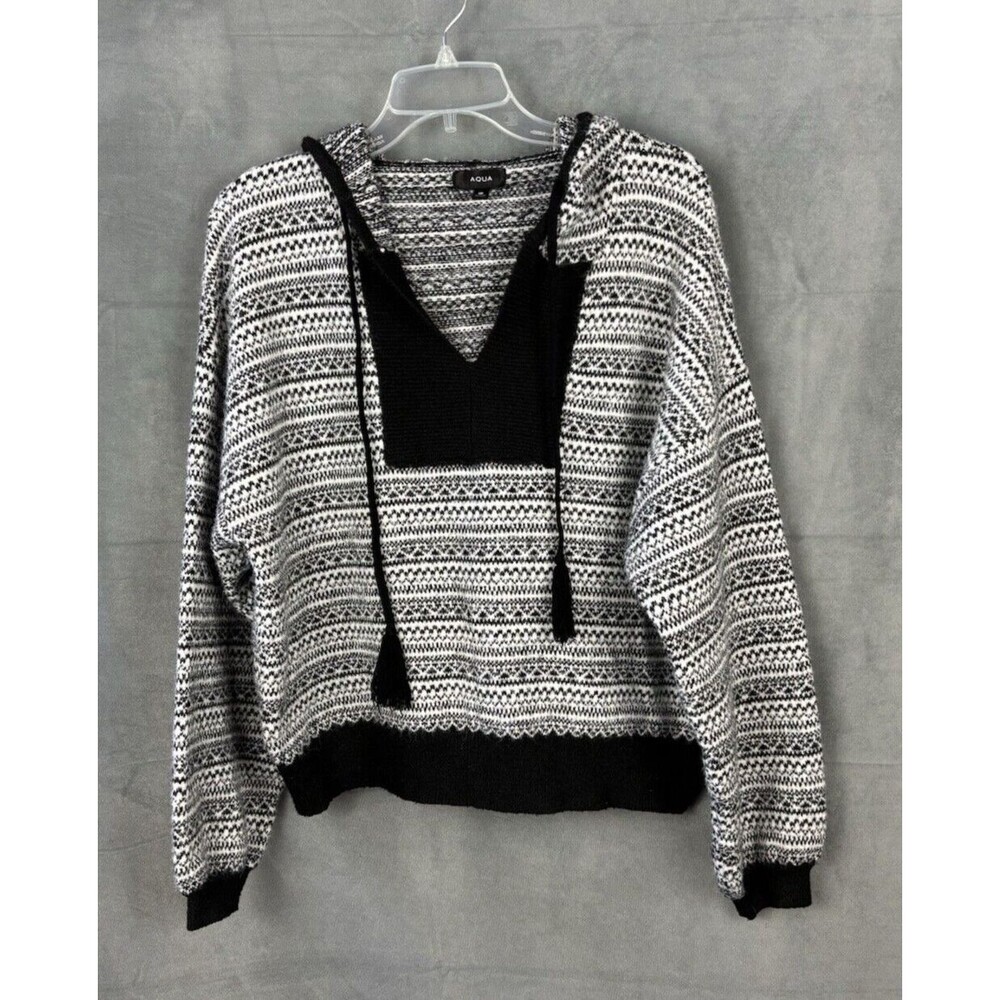 Aqua Brand Hooded Sweater Women's Large Black White Stripes V-neck